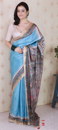 Blue color Saree in Tussar Silk fabric with Digital Print, Weaving, Zari work