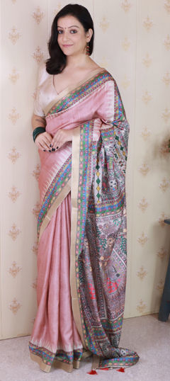 Pink and Majenta color Saree in Tussar Silk fabric with Digital Print, Weaving, Zari work