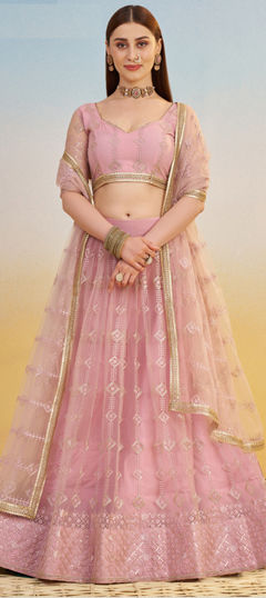 Pink and Majenta color Lehenga in Net fabric with Embroidered, Sequence, Thread, Zari work