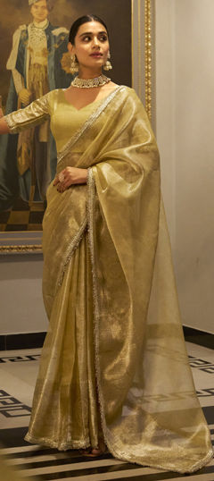Gold color Saree in Tissue fabric with Lace, Sequence, Weaving, Zari work