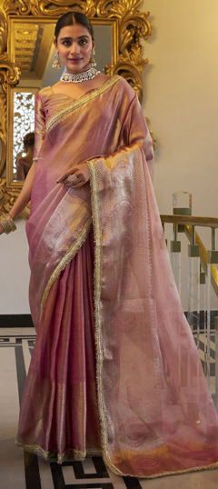 Pink and Majenta color Saree in Tissue fabric with Lace, Sequence, Weaving, Zari work