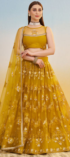 Yellow color Lehenga in Net fabric with Embroidered, Sequence, Thread, Zari work