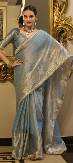 Blue color Saree in Tissue fabric with Lace, Sequence, Weaving, Zari work