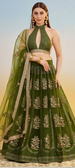 Green color Lehenga in Net fabric with Embroidered, Sequence, Thread, Zari work
