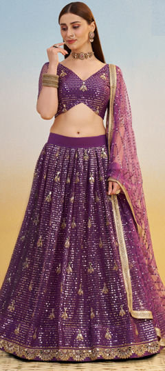 Purple and Violet color Lehenga in Net fabric with Embroidered, Mirror, Sequence, Thread, Zari work