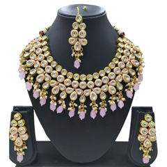 Gold Rodium Polish Pink and Majenta color Necklace in Metal Alloy studded with CZ Diamond, Pearl