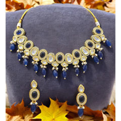 Gold Rodium Polish Blue color Necklace in Metal Alloy studded with CZ Diamond, Pearl