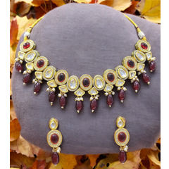 Gold Rodium Polish Red and Maroon color Necklace in Metal Alloy studded with CZ Diamond, Pearl