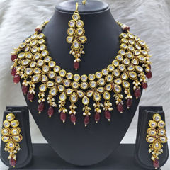 Gold Rodium Polish Red and Maroon color Necklace in Metal Alloy studded with CZ Diamond, Pearl