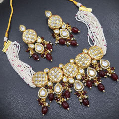Gold Rodium Polish Red and Maroon color Necklace in Metal Alloy studded with CZ Diamond, Pearl