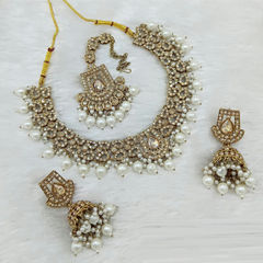 Gold Rodium Polish Beige and Brown color Necklace in Metal Alloy studded with CZ Diamond, Pearl