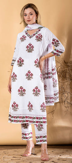White and Off White color Salwar Kameez in Cotton, Dobby fabric with Floral, Printed work