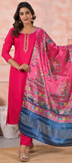 Pink and Majenta color Salwar Kameez in Viscose fabric with Embroidered work
