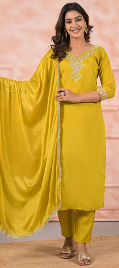 Yellow color Salwar Kameez in Chanderi Silk fabric with Embroidered work