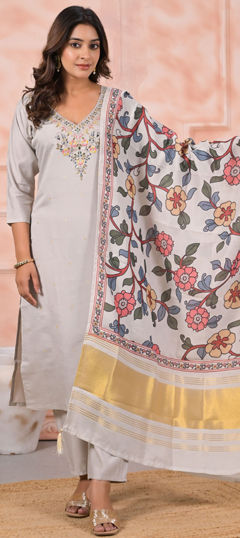 White and Off White color Salwar Kameez in Viscose fabric with Embroidered work