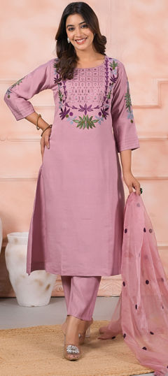 Pink and Majenta color Salwar Kameez in Chanderi Silk fabric with Embroidered work