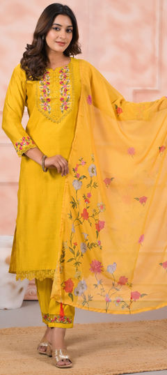 Yellow color Salwar Kameez in Silk fabric with Embroidered work