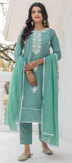 Blue color Salwar Kameez in Chanderi Silk fabric with Embroidered, Resham, Sequence work