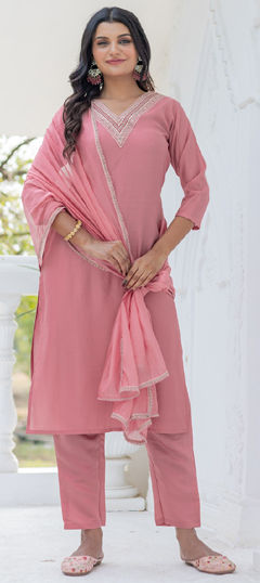 Pink and Majenta color Salwar Kameez in Chanderi Silk fabric with Embroidered, Resham, Sequence work