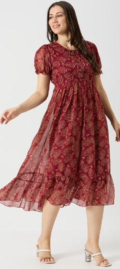 Red and Maroon color Dress in Georgette fabric with Floral, Printed work