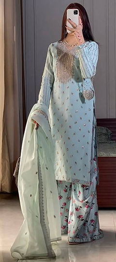 Green color Salwar Kameez in Faux Georgette fabric with Embroidered, Zari work