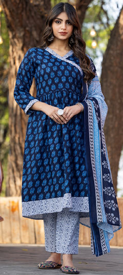Blue color Salwar Kameez in Cotton fabric with Printed work