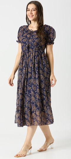 Blue color Dress in Georgette fabric with Floral, Printed work