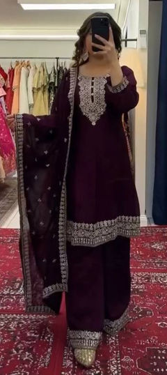 Purple and Violet color Salwar Kameez in Chinon Silk fabric with Embroidered, Thread work