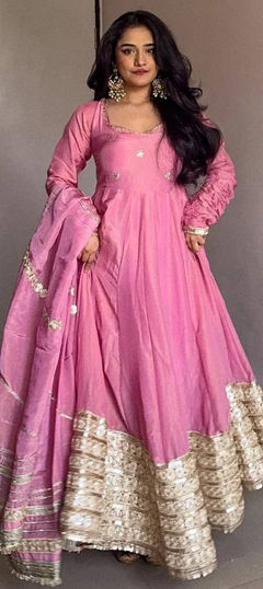 Pink and Majenta color Salwar Kameez in Chinon Silk fabric with Embroidered, Sequence, Thread work