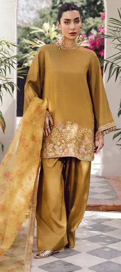 Gold color Salwar Kameez in Cotton fabric with Embroidered, Sequence, Thread work