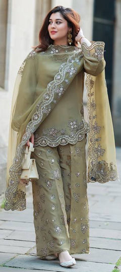 Green color Salwar Kameez in Crepe Silk fabric with Embroidered, Thread work