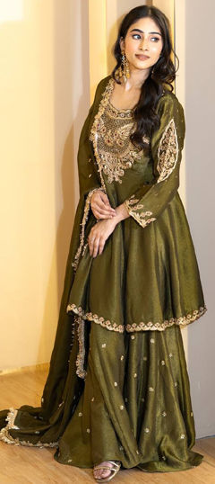 Green color Salwar Kameez in Shimmer fabric with Embroidered, Sequence, Thread work