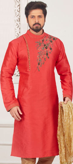 Red and Maroon color Kurta in Dupion Silk fabric with Embroidered work