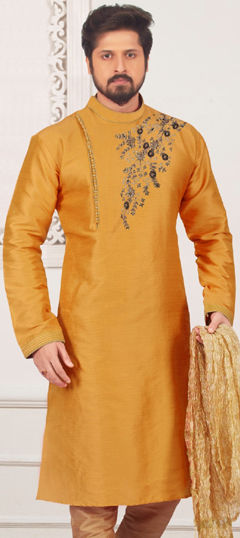 Beige and Brown color Kurta in Dupion Silk fabric with Embroidered work