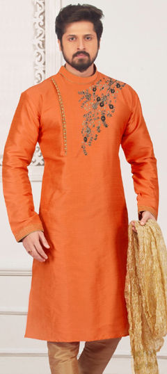 Orange color Kurta in Dupion Silk fabric with Embroidered work