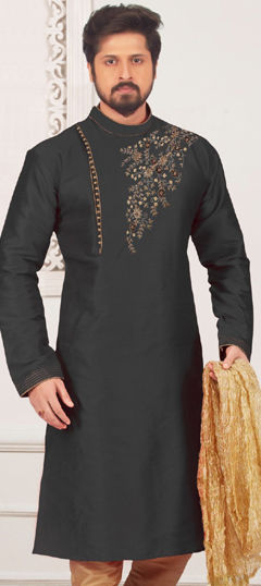 Black and Grey color Kurta in Dupion Silk fabric with Embroidered work
