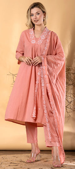 Pink and Majenta color Salwar Kameez in Cotton fabric with Embroidered, Resham, Thread work