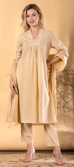 Beige and Brown color Salwar Kameez in Cotton fabric with Embroidered, Resham, Thread work