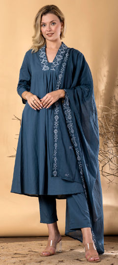 Blue color Salwar Kameez in Cotton fabric with Embroidered, Resham, Thread work