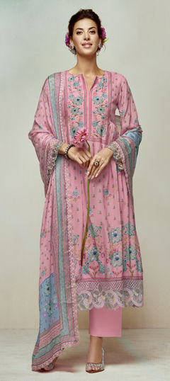 Pink and Majenta color Salwar Kameez in Muslin fabric with Digital Print, Embroidered, Resham work
