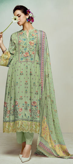 Green color Salwar Kameez in Muslin fabric with Digital Print, Embroidered, Resham work