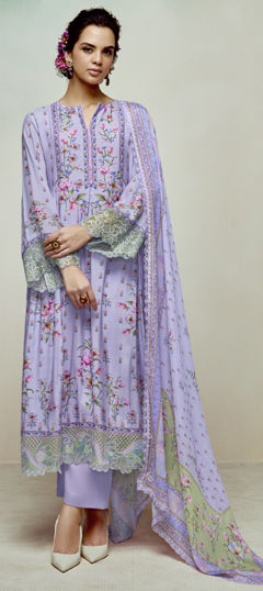 Purple and Violet color Salwar Kameez in Muslin fabric with Digital Print, Embroidered, Resham work