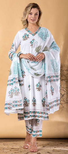 Blue, White and Off White color Salwar Kameez in Cotton, Dobby fabric with Block Print, Floral, Printed work