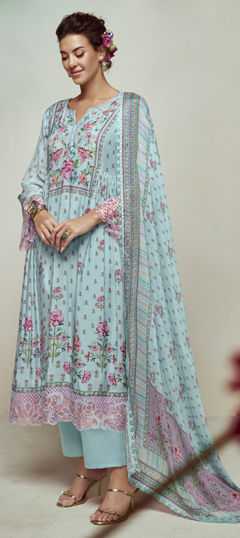 Blue color Salwar Kameez in Muslin fabric with Digital Print, Embroidered, Resham work