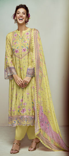 Yellow color Salwar Kameez in Muslin fabric with Digital Print, Embroidered, Resham work