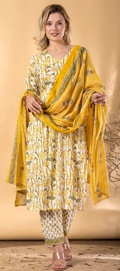 White and Off White, Yellow color Salwar Kameez in Cotton fabric with Floral, Printed, Thread work