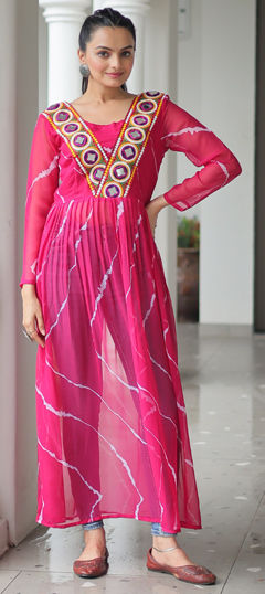 Pink and Majenta color Kurti in Faux Georgette fabric with Lehariya, Patch, Printed work