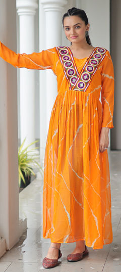 Yellow color Kurti in Faux Georgette fabric with Lehariya, Patch work