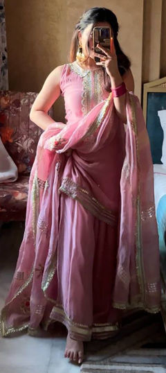 Pink and Majenta color Salwar Kameez in Organza Silk fabric with Embroidered, Sequence work