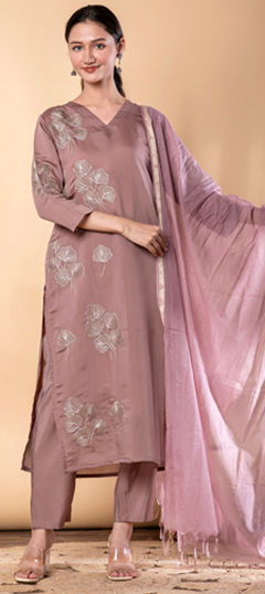 Purple and Violet color Salwar Kameez in Mul Chanderi fabric with Embroidered, Thread, Zari work